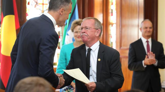 Premier Peter Malinauskas welcomes independent Geoff Brock to his ministry. Picture: Dean Martin