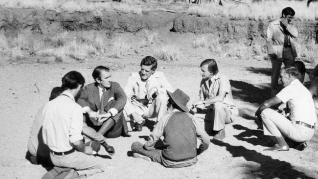 Prime minister Malcolm Fraser with Charles Perkins, Bluey Jabarula, Ian Viner and others at the Todd River in 1978.