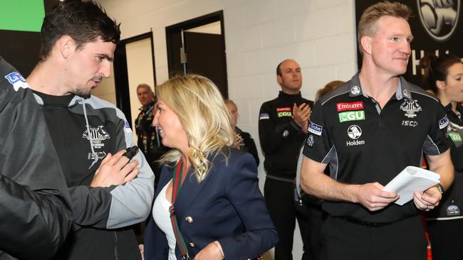 Nathan Buckley in the Collingwood rooms after the match. Picture: Alex Coppel