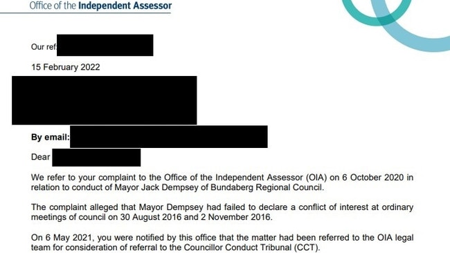 The Office of the Independent Assessor has forwarded a complaint against Bundaberg Mayor Jack Dempsey to the Councillor Conduct Tribunal.