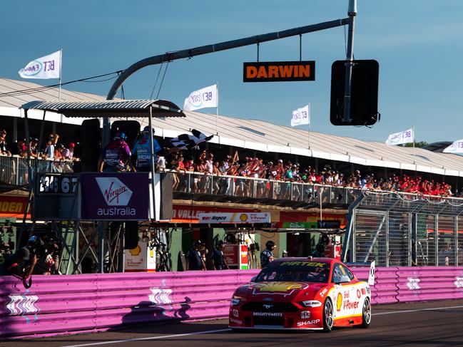 Scott McLaughlin the checkered flag in his Ford Mustang. Picture: Getty Images