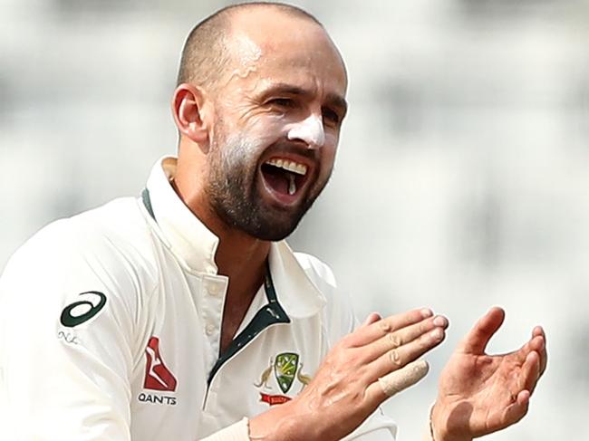 MIRPUR, BANGLADESH - AUGUST 29:  Nathan Lyon of Australia celebrates the wicket of Shafiul Islam of Bangladesh during day three of the First Test match between Bangladesh and Australia at Shere Bangla National Stadium on August 29, 2017 in Mirpur, Bangladesh.  (Photo by Robert Cianflone/Getty Images)