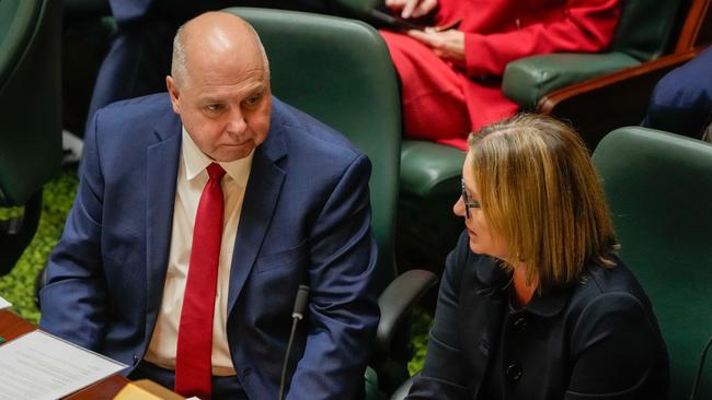 Victorian Treasurer Tim Pallas and Premier Jacinta Allan in parliament. (Photo by Asanka Ratnayake/Getty Images)