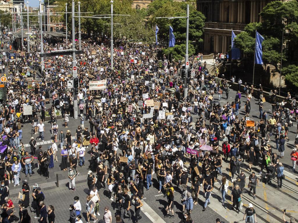 Crowds at Town Hall in Sydney at the March 4 Justice rally. Picture: Jenny Evans/Getty Images