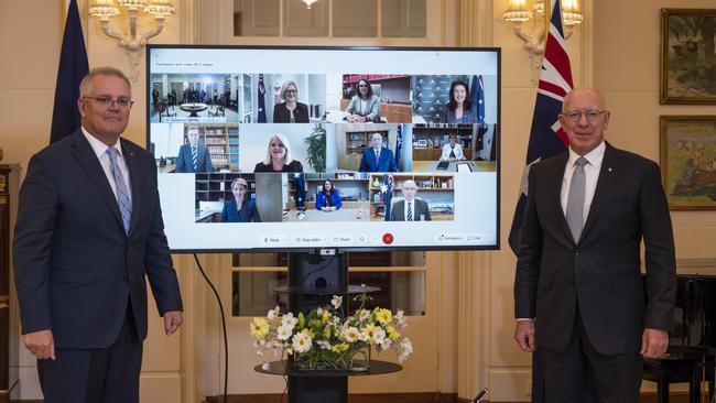 The Governor-General David Hurley, and Prime Minister Scott Morrison conduct a swearing-in ceremony at Government House, Canberra. Picture: NCA NewsWire / Martin Ollman