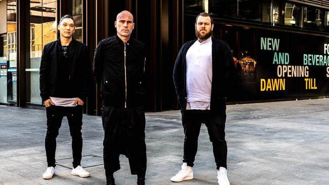 CicciaBella’s head chef Nic Wong, restaurateur Maurice Terzini and general manager Dave Owen in front of the Parramatta Square site of their new venture. Picture: Monique Harmer