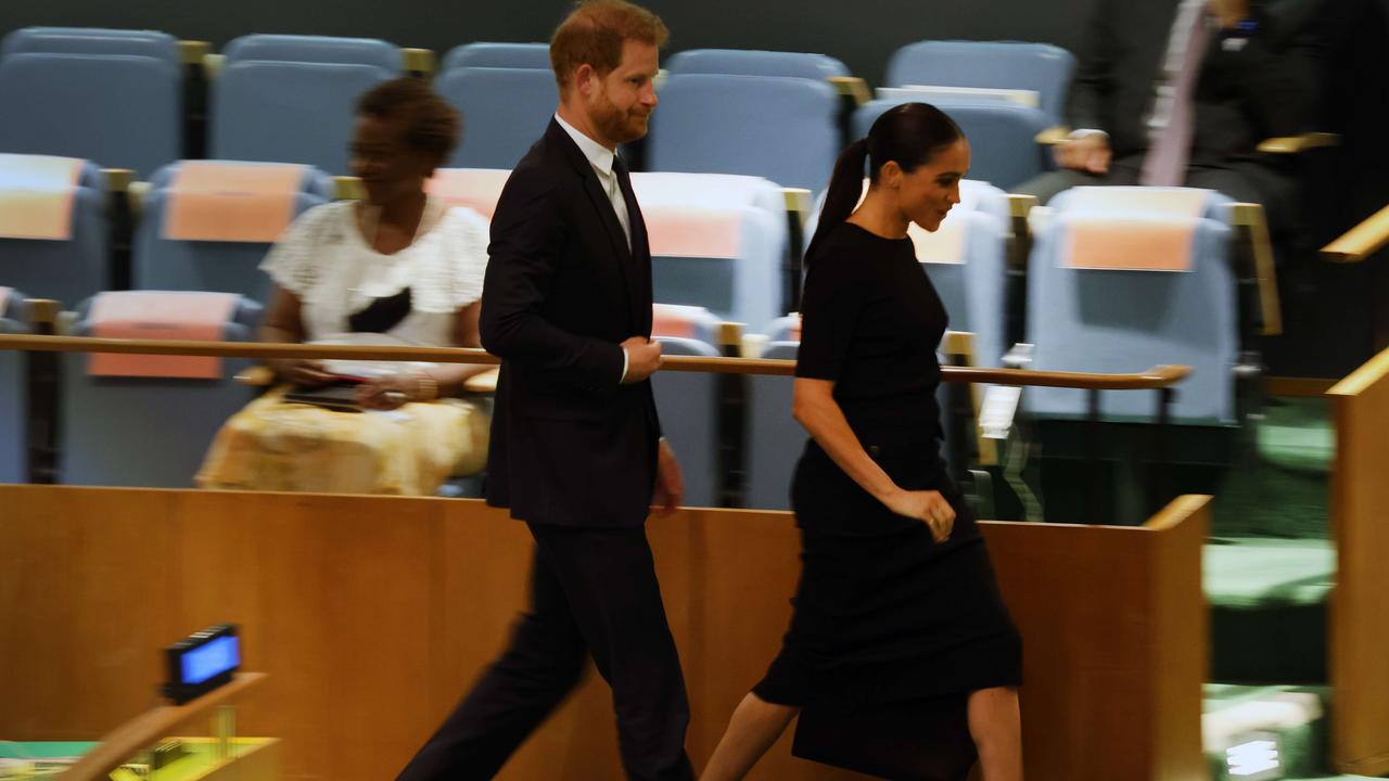 Prince Harry and his wife Meghan Markle depart after the Prince addressed the United Nations (UN) general assembly. Picture: Spencer Platt/Getty Images/AFP