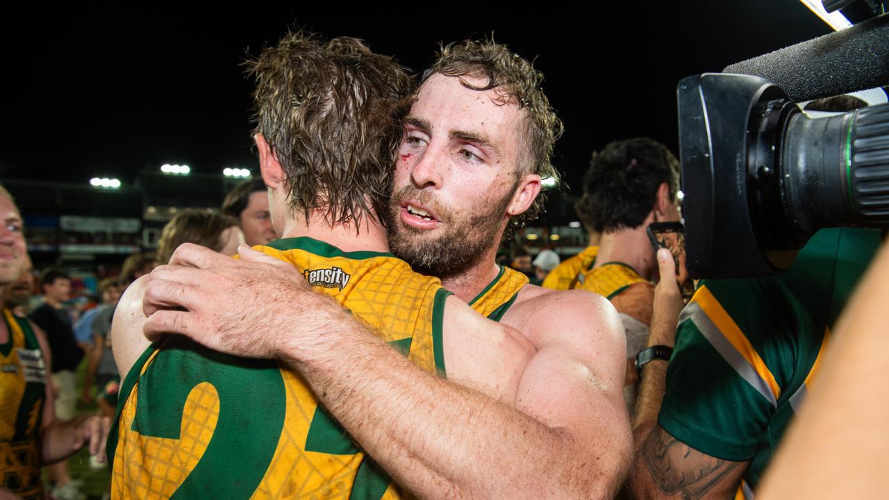 Dylan Landt celebrates their win in the 2023-24 NTFL Men's Grand Final between Nightcliff and St Mary's. Picture: Pema Tamang Pakhrin