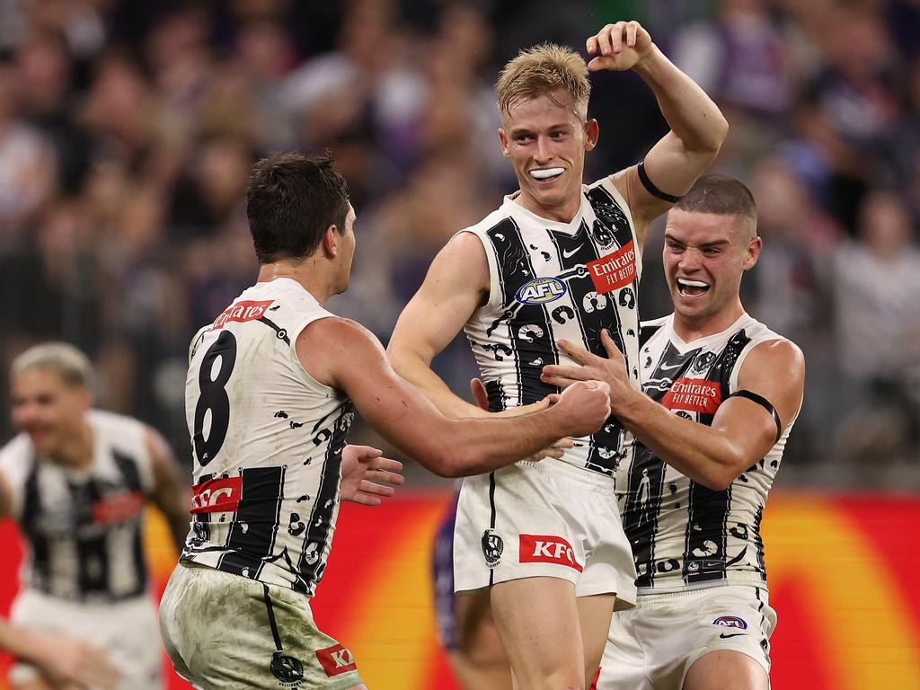 Joe Richards celebrates a goal against the Demons. Picture: Paul Kane/Getty Images