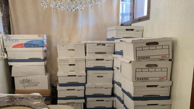 Stacks of boxes in a bathroom and shower allegedly in the Lake Room at Mar-a-Lago, the former president's private club. Picture: AFP.