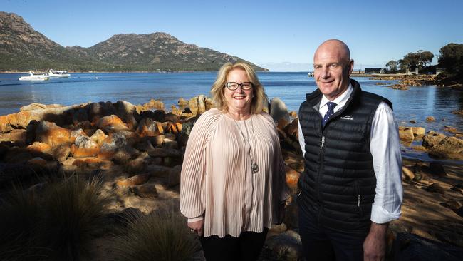 Premier Peter Gutwein and East Coast Tasmania Tourism CEO Rhonda Taylor at Coles Bay. Picture: Chris Kidd