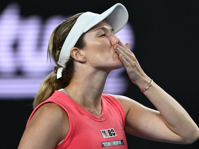 MELBOURNE, AUSTRALIA – JANUARY 16: Danielle Collins of the United States celebrates winning match point in the Women's Singles Second Round match against Destanee Aiava of Australia during day five of the 2025 Australian Open at Melbourne Park on January 16, 2025 in Melbourne, Australia. (Photo by Hannah Peters/Getty Images)