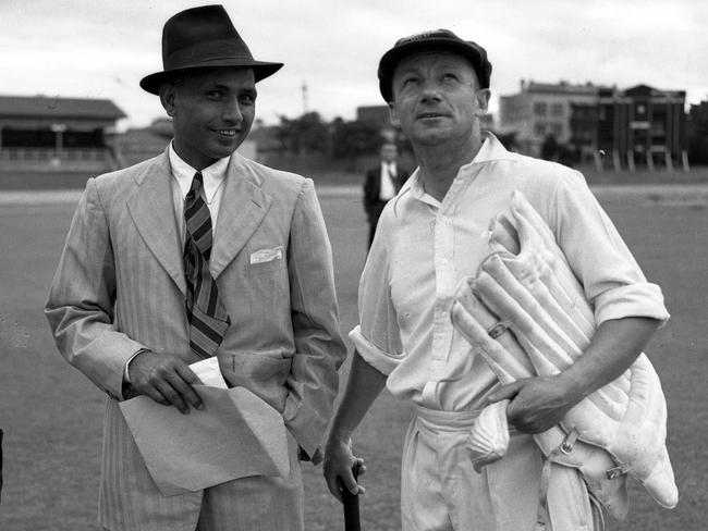 Indian captain Lala Armarnath, left, and Australia’s Don Bradman before the first Test match between the countries in 1947.