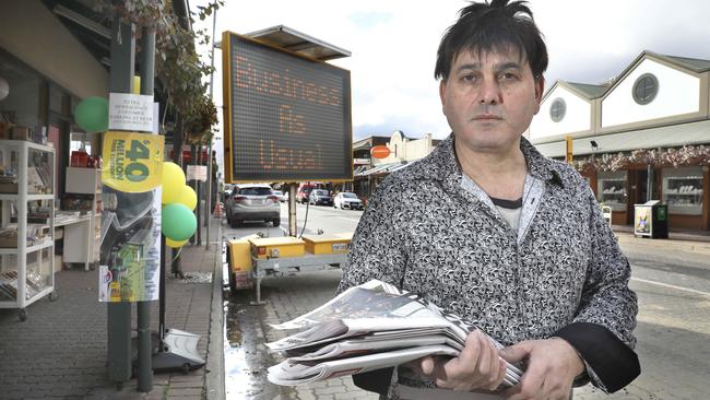 Joe Tsoleridis has owned the Extra Newsagency on KWR for more than 30 years. He's concerned about the impact on his buisness of road closures as part of the Unley Council's $15.5m plan to upgrade the road. Picture: Dean Martin