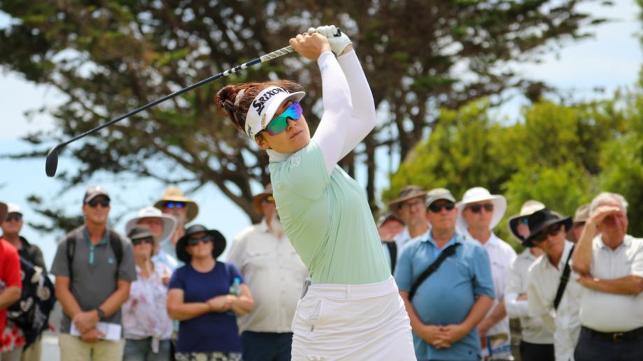 Hannah Green on the tee in her final round at the Vic Open at Thirteenth Beach. Picture: Golf Australia