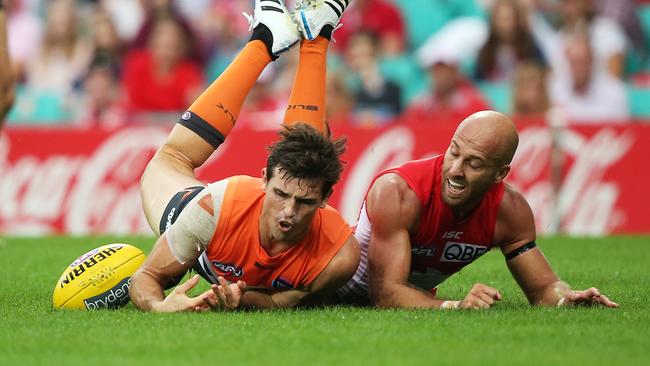 Greater Western Sydney's Phil Davis and Sydney Swans' Jarrad McVeigh compete for the ball. Picture: Phil Hillyard