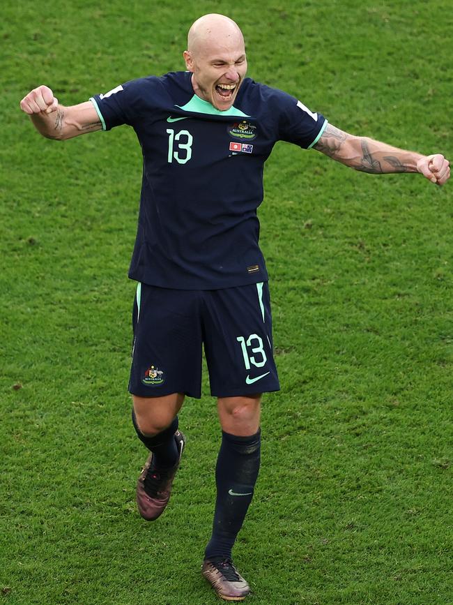 Aaron Mooy celebrates on the final whistle. Picture: Julian Finney/Getty Images