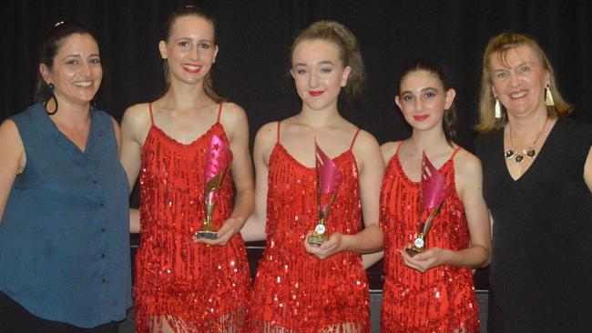 Teachers Mannuela Arcidiacono (L) and Lorraine Peressini (R) of In2Dance with students Jaclyn France, Bronte Kochi and Gianna Ferraro. Picture: Supplied