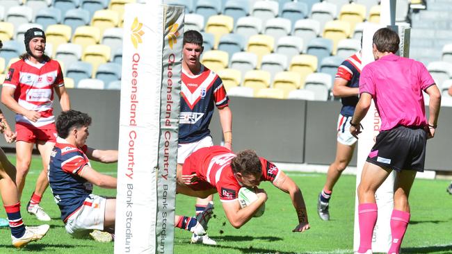 PBC's Sam Stephenson dives across to score during the Phil Hall Cup final. Picture: Matthew Elkerton