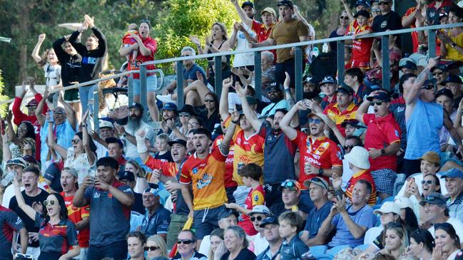 Coffs Harbour fans celebrating the win. Picture: Leigh Jensen