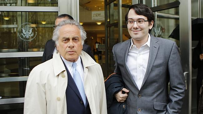 Martin Shkreli (right) former CEO of Turing Pharmaceuticals, exits federal court with his lawyer Benjamin Brafman. Picture: Eduardo Munoz Alvarez/Getty Images/AFP