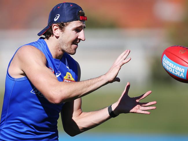 MELBOURNE, AUSTRALIA - APRIL 02: Marcus Bontempelli of the Bulldogs marks the ball during a Western Bulldogs AFL training session at Whitten Oval on April 02, 2019 in Melbourne, Australia. (Photo by Michael Dodge/Getty Images)