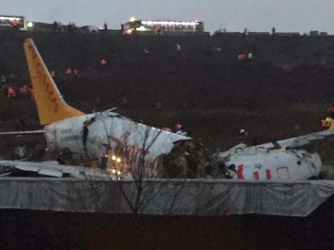 A Pegasus Airlines Boeing 737 plane after it skidded off the runway at Istanbul's Sabiha Gokcen airport. Picture: AFP