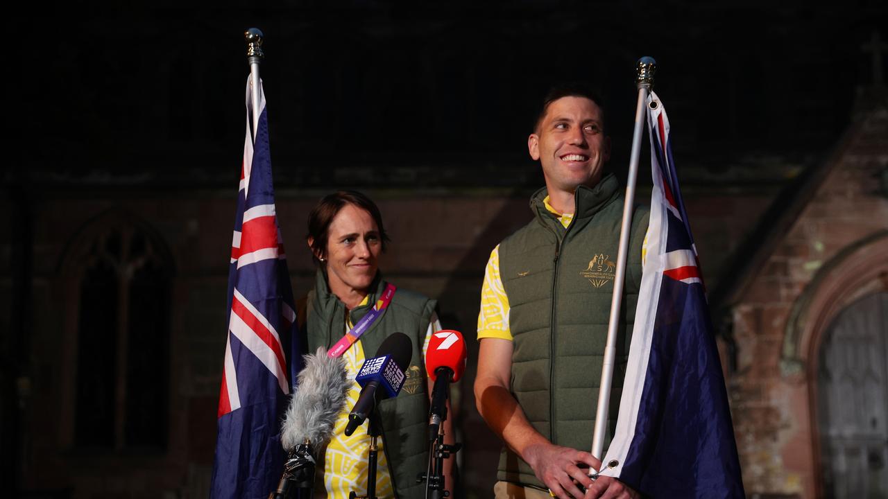 BIRMINGHAM, ENGLAND - JULY 27: Rachael Grinham and Eddie Ockenden of Team Australia pose for photo after being announced as Team Australia flag bearers ahead of the Birmingham 2022 Commonwealth Games on July 27, 2022 on the Birmingham, England. (Photo by Eddie Keogh/Getty Images)