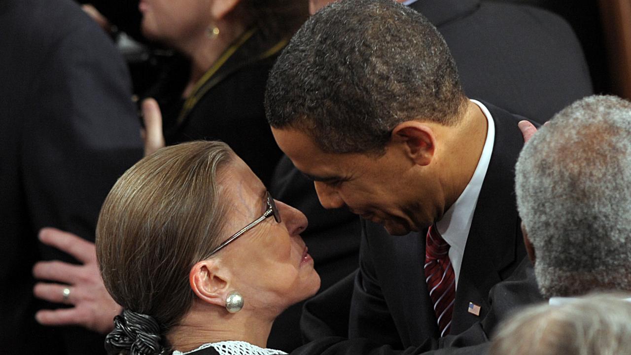 A 2009 photo of Ruth Bader Ginsburg greeting then-President Barack Obama. Picture: Saul Loeb / AFP