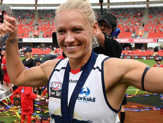 Adelaide Crows co-Captain Erin Phillips celebrates winning the AFLW Grand Final game against Brisbane Lions at Metricon Stadium in Carrara on the Gold Coast, Saturday, March 25, 2017. (AAP Image/Dan Peled) NO ARCHIVING, EDITORIAL USE ONLY