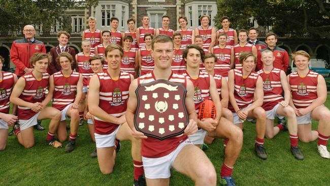 Cole Gerloff holding Messenger Shield affter captaining Prince Alfred College to its fifth college football title in eight years back in 2017. Picture: AAP/Morgan Sette