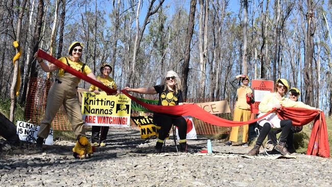 Lismore Knitting Nannas Louise Somerville, Felicity Cahill, Rosie Lee, Margaret Scheidler, Dot Moller and Jally Hawthorn at a protest against logging in the Myrtle Creek State Forest, south of Casino.