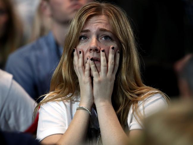 A woman reacts as she watches voting results. Picture: Win McNamee/Getty Images/AFP