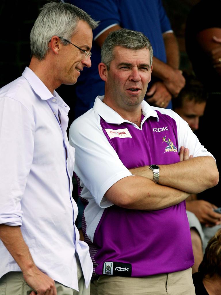 David Gallop talks with Melbourne Storm CEO Brian Waldron at a trial match in Ballina in 2006.