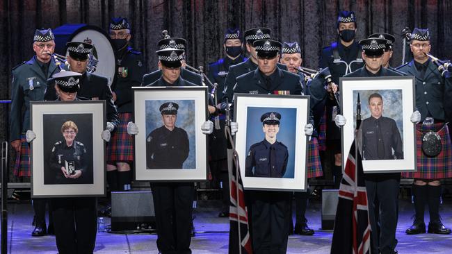 Leading Senior Constable Lynette Taylor, Senior Constable Kevin King, Constable Josh Prestney and Constable Glen Humphris, who lost their lives in the Eastern Freeway tragedy. Picture: David Geraghty