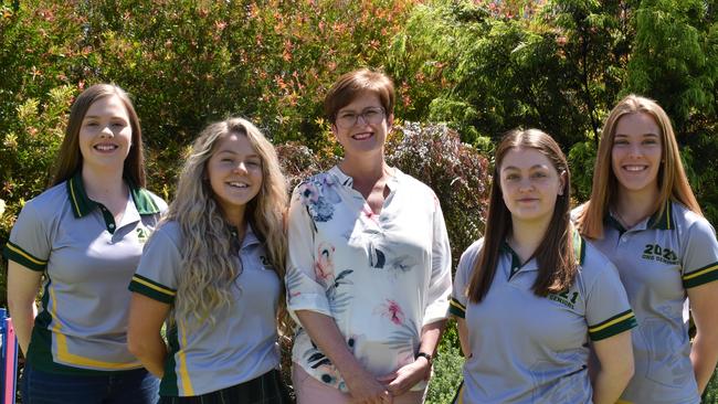 Grant High School leaders, Rachael Kelly, captain, Scout Elshaug, vice-captain, Fleur Roachock, principal, Caitlin Letizia, captain and Kellie Wallace, vice-captain. Picture: Grant High School