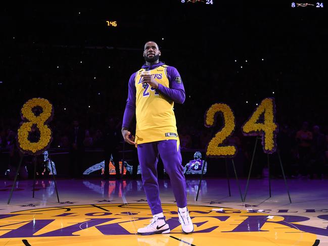 LeBron James speaks during the Los Angeles Lakers pre-game ceremony to honour Kobe Bryant. Picture: Harry How/Getty