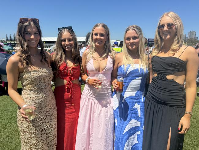 Sophia Jones, Skye McDonald, Ava Croker, Meg Wotherspoon and Alex Oliver at the Melbourne Cup at Flemington Racecourse on November 5, 2024. Picture: Phillippa Butt