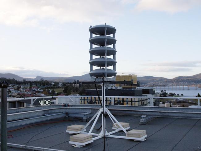 The Genasys 360XL mass notification system, pictured in situ on a Hobart rooftop in the city centre ahead of being used during a performance by Richard Russell's project Everything Is Recorded, as part of the 2025 Dark Mofo arts festival. Picture: Joseph Shrimpton, courtesy of Dark Mofo