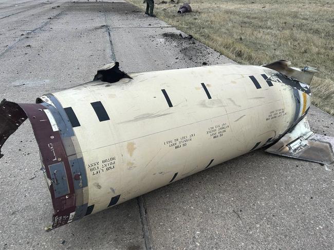 The fragments of a missile fired by Ukraine at the territory of Kursk airport in Russia. Picture: Russian Defence Ministry Official Telegram Channel via AP