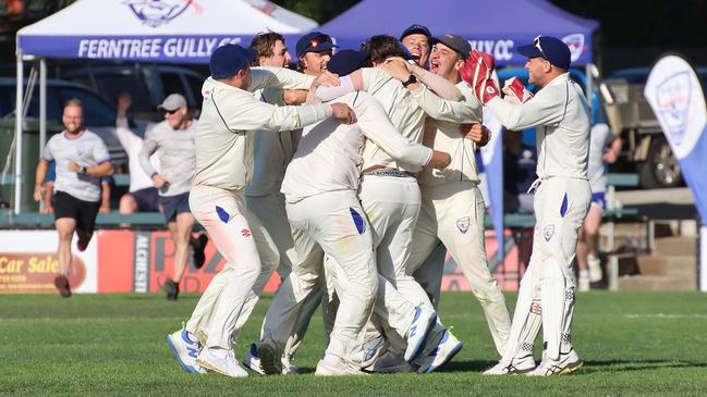 FTGDCA: Ferntree Gully celebrates its 2023-24 Norm Reeves Shield grand final win. Picture: Dione