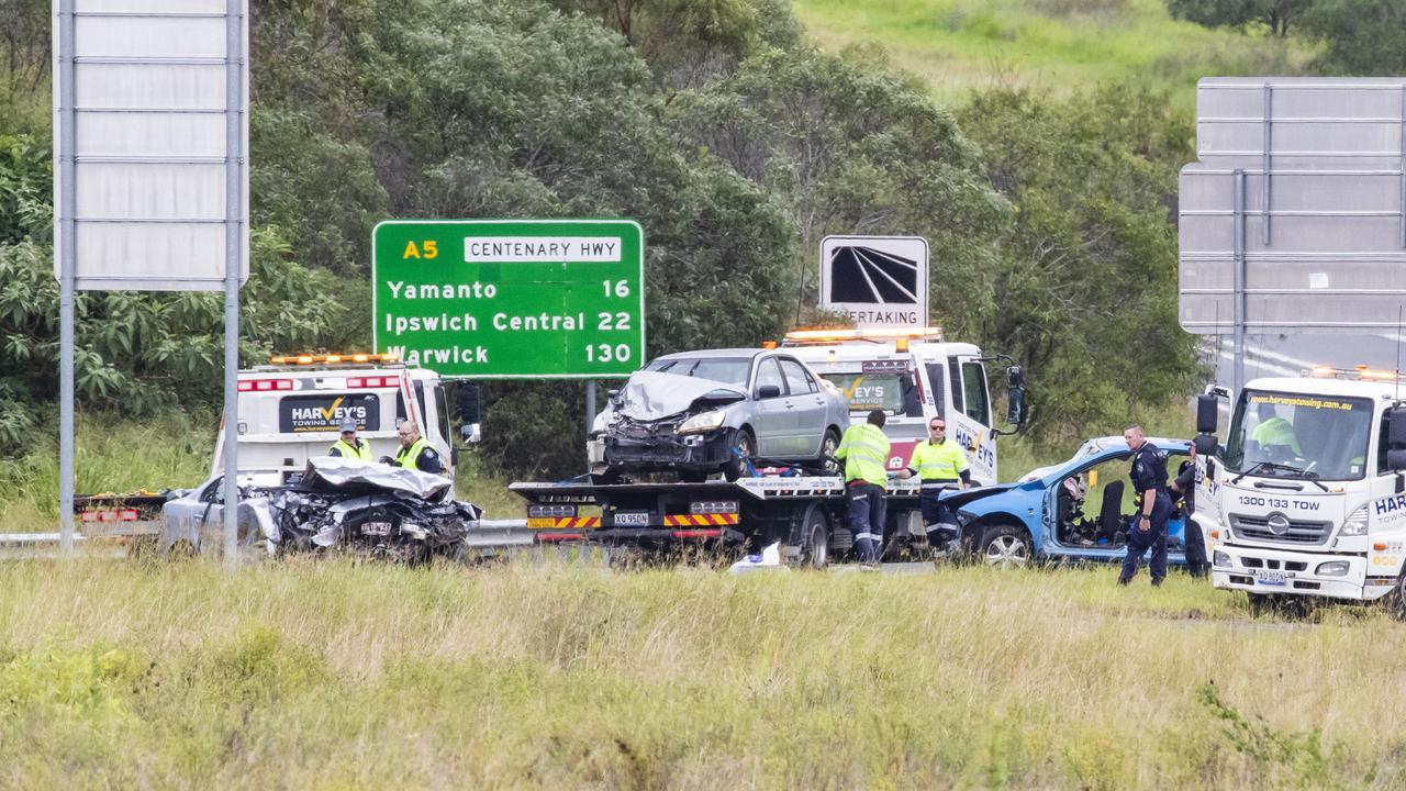 The scene of a three car crash on the Centenary Highway between Springfield and White Rock on Sunday morning. Picture: Richard Walker