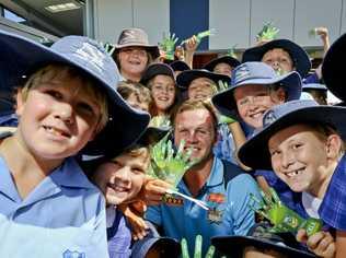 Titans NRL player Tom Kingston helping kids tackle bullying at Tweed St Josephs Primary School. . Picture: Nolan Verheij-Full