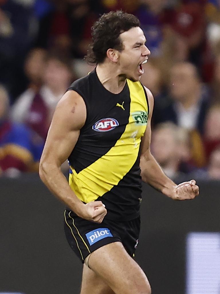 Daniel Rioli put the Tigers in front for the first time of the match. Picture: Darrian Traynor/Getty Images