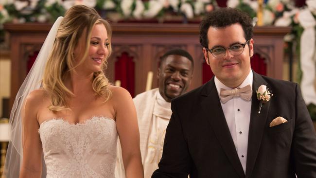 Gretchen Palmer (Kaley Cuoco) and Doug Harris (Josh Gad) with Jimmy Callahan (Kevin Hart) looking on in Screen Gems' THE WEDDING RINGER.