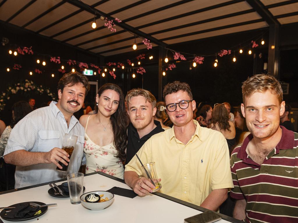 Celebrating New Year's Eve at George Banks are (from left) Tom Duffy, Sheri Smith, Jacob Payne, Josh van Staden and Jack Lewis, Tuesday, December 31, 2024. Picture: Kevin Farmer