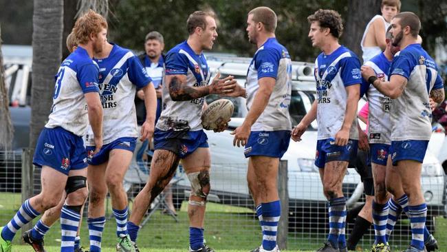 Grafton Ghosts centre Dylan Collett is congratulated on scoring a try against the Sawtell Panthers. Group 2 rugby league 2 April 2017 Rex Hardaker Oval Photo: Brad Greenshields/Coffs Coast Advocate. Picture: Brad Greenshields