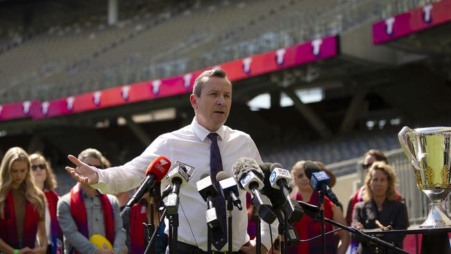 WA Premier Mark McGowan speaks during a media opportunity ahead of the 2021 AFL Grand Final at Optus Stadium. Picture: Will Russell/Getty Images