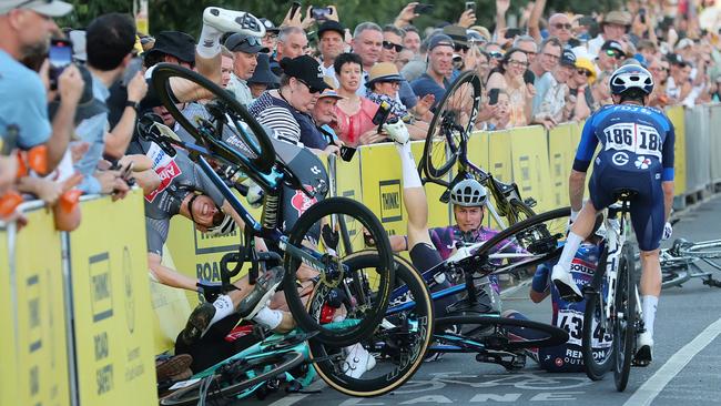 Seven cyclists were involved in the crash on the corner of Rundle Road and East Terrace. Crash on last corner with two riders going over the barricade. Picture: Sarah Reed/Getty Images