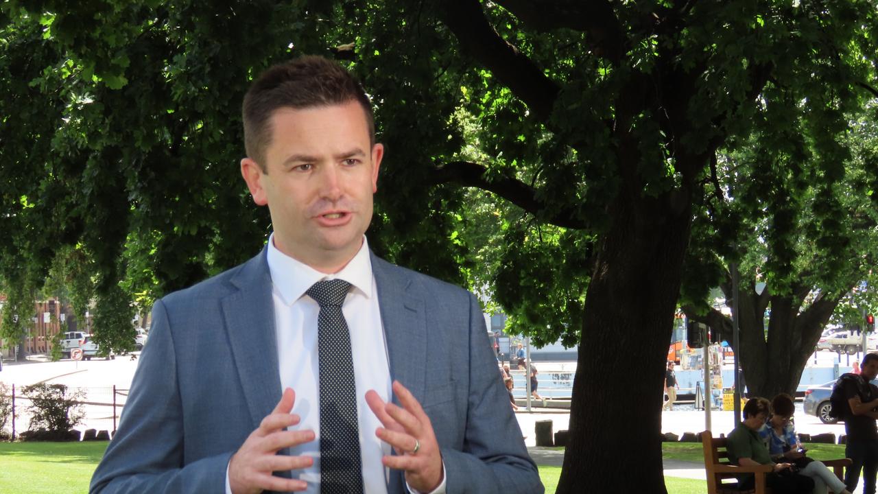 Labor leader MP Dean Winter speaks to the media on Parliament Lawns in Hobart on Friday, December 6, 2024.